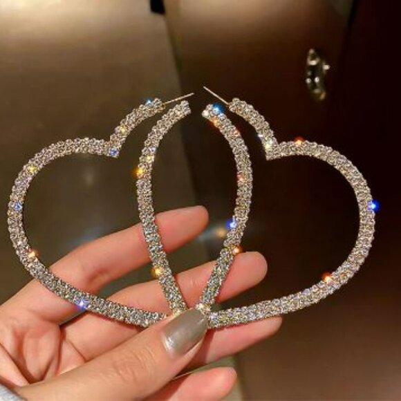 Silver Crystal Rhinestone Big Heart Fashion Statement Hoop Earrings - Picture 2 of 9